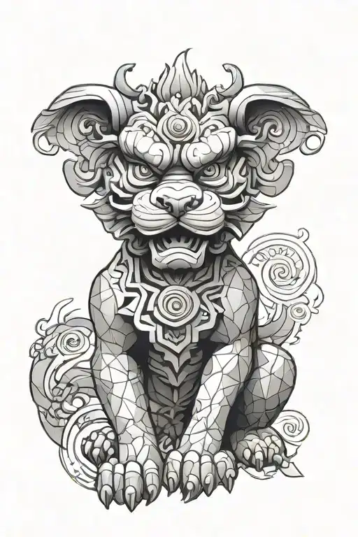 generate black white foo dog with geometric background tattoo design idea