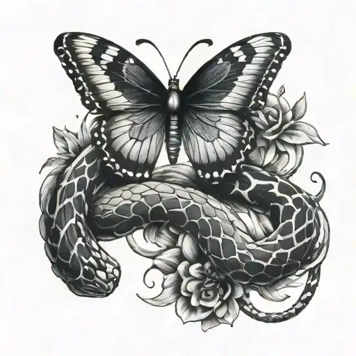 snake squeezing butterfly tattoo design idea