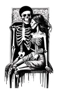 a skeleton embracing a sleeping or resting woman in a dress , who appears serene. The skeleton is positioned behind the  tattoo design idea