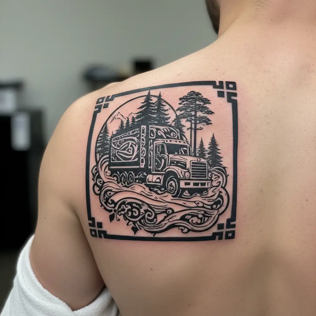 A tattoo of a truck driving through a forest with a martial arts symbol incorporated, representing a passion for both trucking and martial arts tattoo design idea
