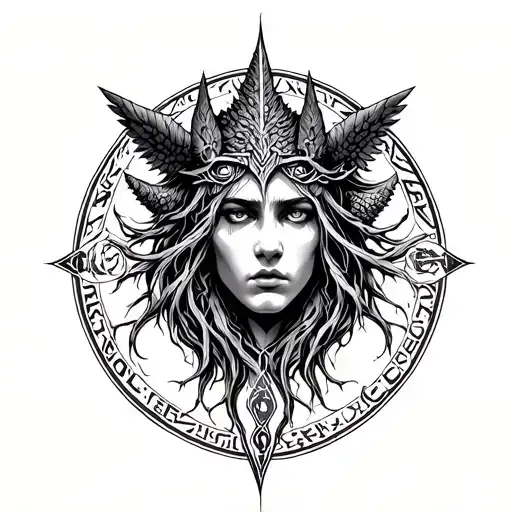 Nordic Mythology style fore arm tattoo; Yggdrasil, the Runes representing the 9 realms, Odina Face in a Valkyrie style tattoo design idea