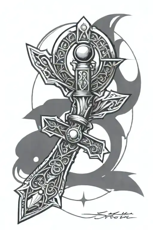 Ankh shaped dagger, egyptian scarab as the hand guard. Scale hanging from sides of the guard, moon and sun on scales tattoo design idea
