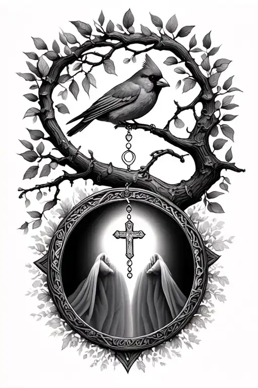 cardinal, rosary, tree of life you will remember my mom tattoo design idea