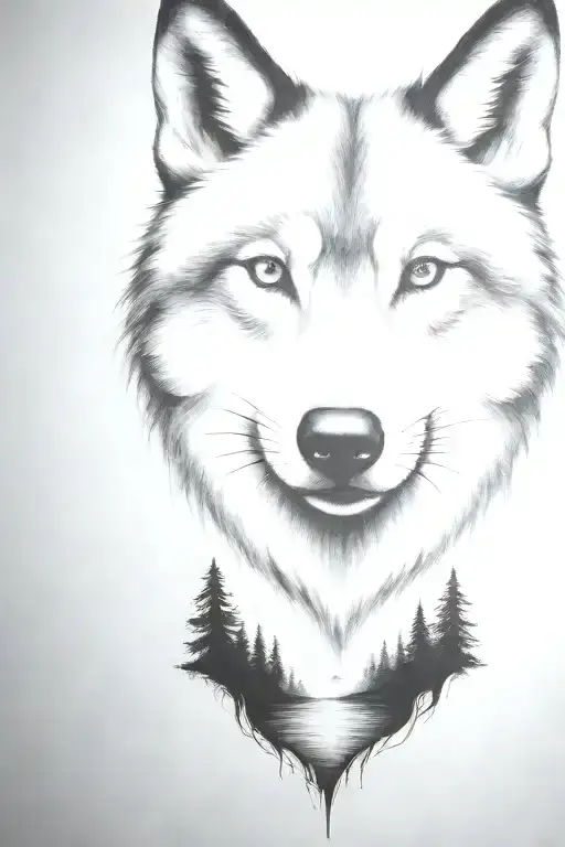 wolf cub, moon, forest, river, adult wolf, smoke rising tattoo design idea