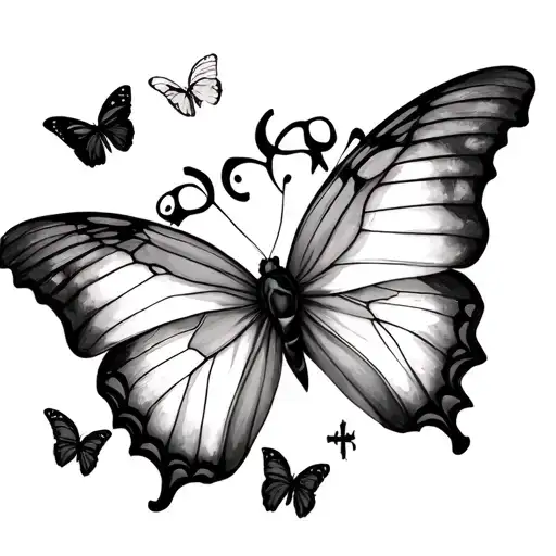 five butter butterflies make it gothic add letters G59 add crosses tattoo design idea
