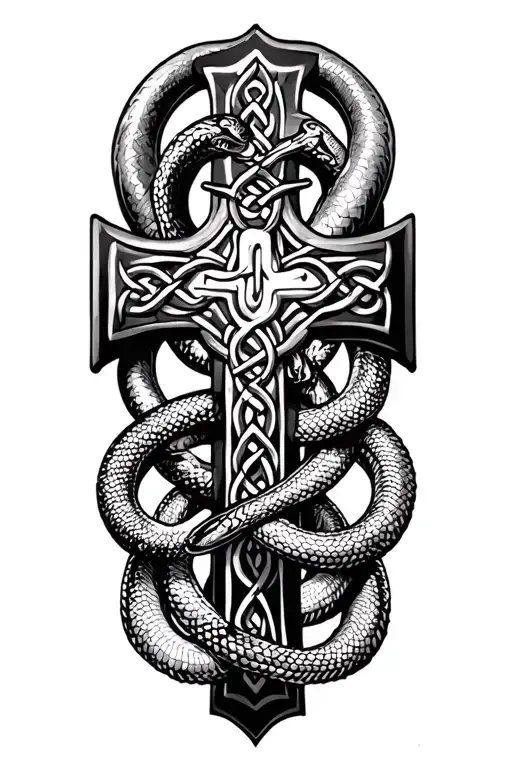 Celtic cross surrounded by snakes and saint patrick tattoo design idea