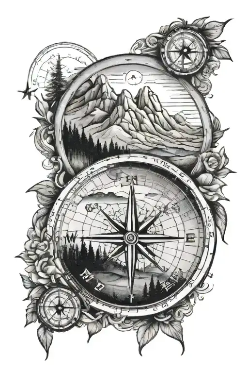 road compass mountain landscape tattoo design idea