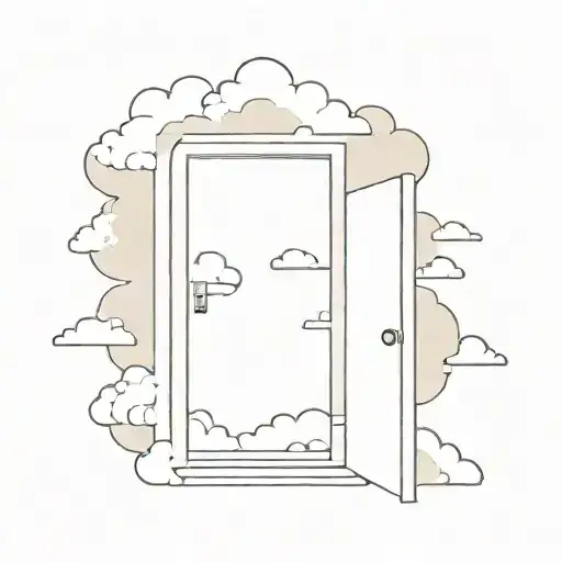 door slightly open, shining behind, sign with clouds on the door tattoo design idea