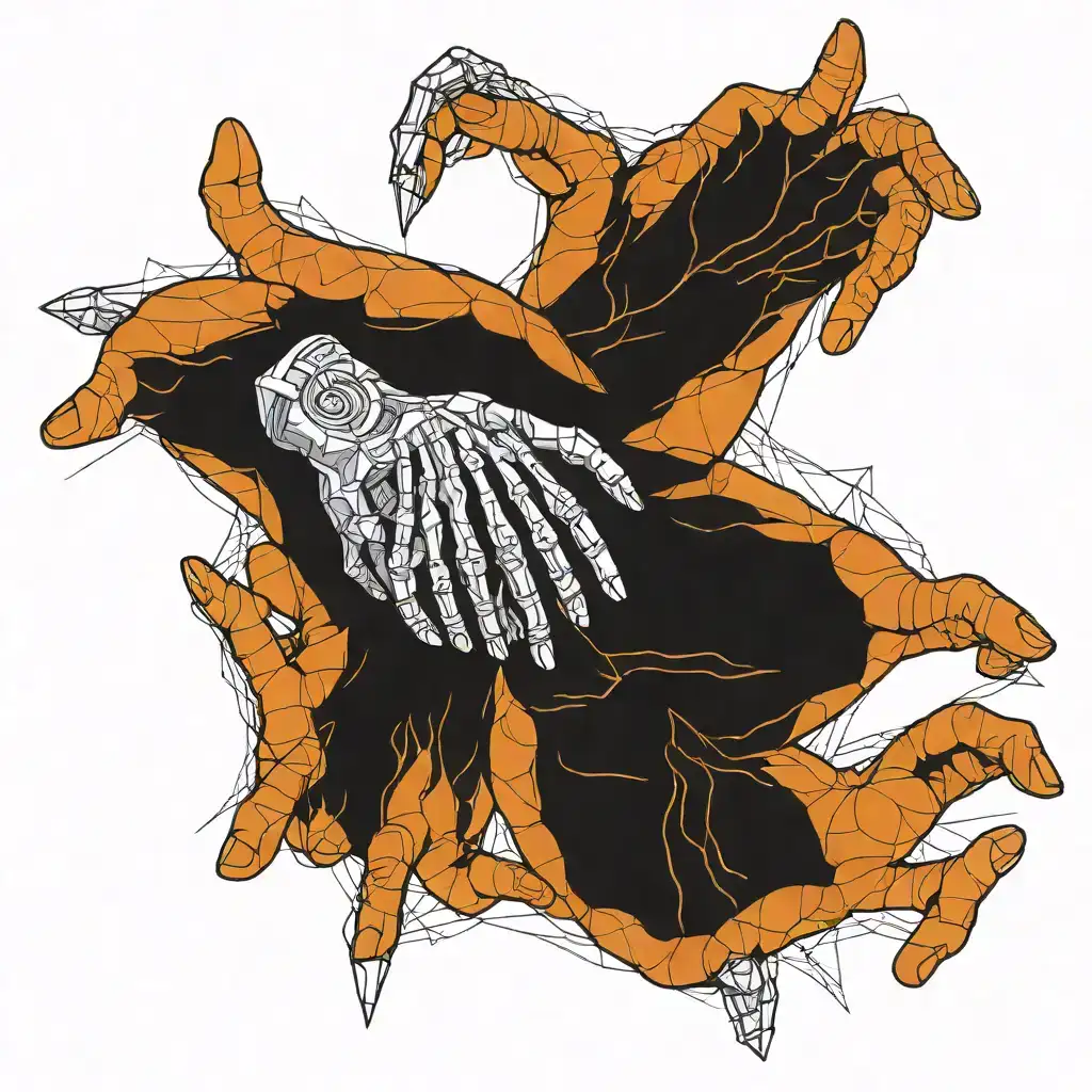 Design a detailed hand tattoo inspired by Michelangelo's 'Creation of Adam.' The tattoo features two hands reaching toward each other, with one hand being skeletal and the other a realistic human hand. The composition includes geometric elements such as lines and dots that intersect the hands, creating a modern, abstract feel. Circular shapes and radial lines emanate from the central point where the fingers almost touch, adding depth and dimension to the design. The overall style is a blend of classic art and modern minimalism, using fine black ink lines with detailed shading. tattoo design idea