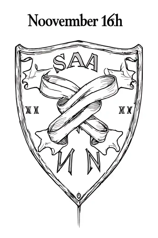 Broken shield with a SA ribbon and November 16th written in roman numerals tattoo design idea