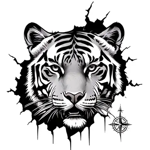 Bengal Tiger peering through ripped skin with Viking compass tattoo design idea