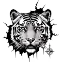 Bengal Tiger peering through ripped skin with Viking compass tattoo design idea