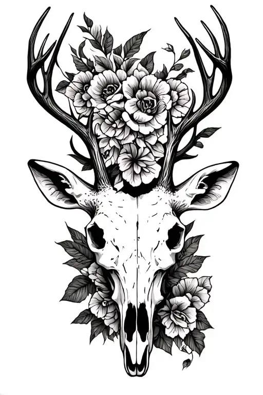 deer skull with antlers symmetrical no flowers tattoo design idea