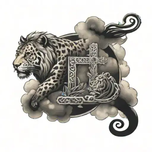 sleeve tattoo featuring 3 crosses, Jesus,  leopard, lion battling serpent, skittle, clouds, monsters inc, rwby tattoo design idea