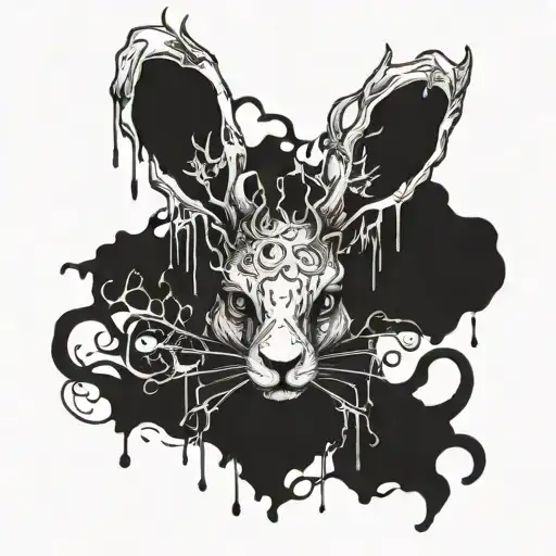 dark demonic Rabbit with antlers ending with dripping ink tattoo design idea