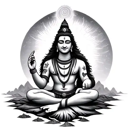 shiva sitting on mount kailash, eyes closed, smile, open hair, third eye highlighted, wearing tiger skin, ganga flowing tattoo design idea