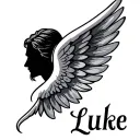 The name luke with a angel wing on the side simplistic  tattoo design idea