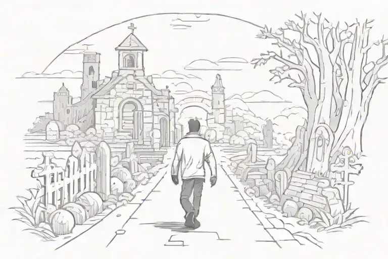 man walking out of a graveyard with monsters and a outdoor themed background tattoo design idea