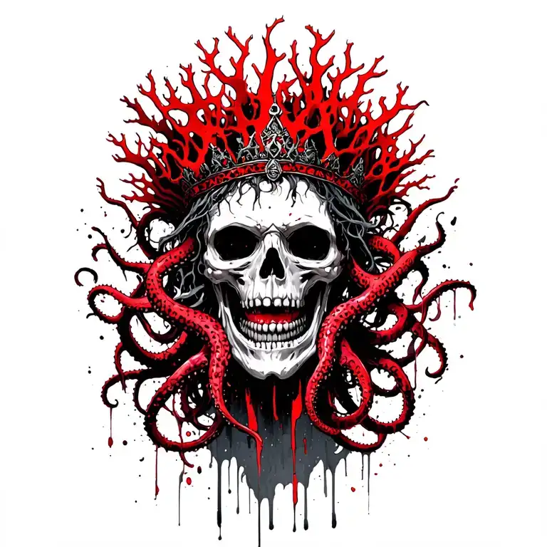King Of Bones With A Coral Crown, Hades 2 Style, Eldritch, Tentacles, Lovecraftian, Deep Sea tattoo design idea