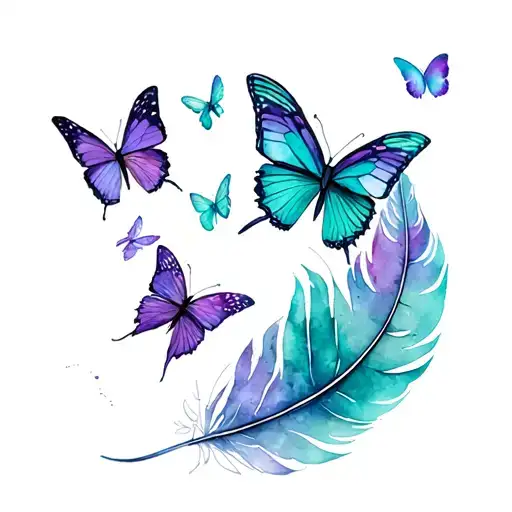 remembrance tattoo including feather, colour teal & purple, 6 butterflies 1 of them teal tattoo design idea