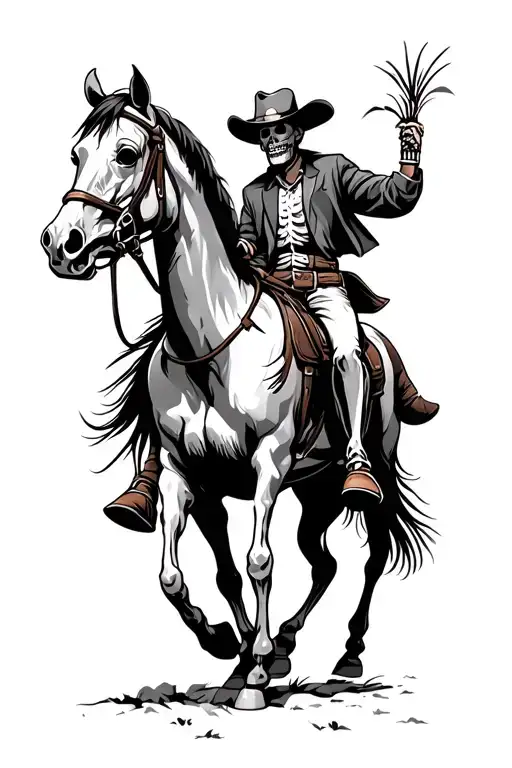 A old western cowboy but he is a skeleton riding horse tattoo design idea