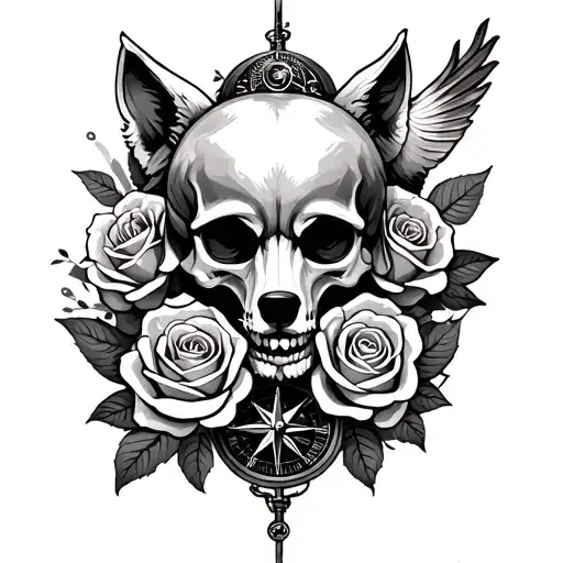 skull,roses,cross,wolf,forest,pigeon,compass,jesus is king,pocket watch tattoo design idea