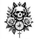 skull,roses,cross,wolf,forest,pigeon,compass,jesus is king,pocket watch tattoo design idea