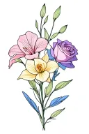 dainty bouquet of a single gladiolus, a single rose, a single daffodil, and sweet pea colors like purples pinks blues tattoo design idea