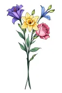 dainty bouquet of a single gladiolus, a single rose, a single daffodil, and sweet pea colors like purples pinks blues tattoo design idea