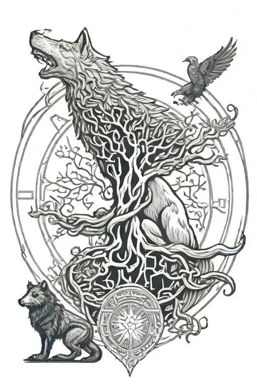 God Thor on the background of the Tree of Life in a runic circle, the Wolf Fenrir stands on the side and two ravens Hugin and Mugin sit on top tattoo design idea