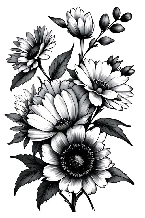 March, April, may, July, August, October, December birth flower bouquet tattoo design idea