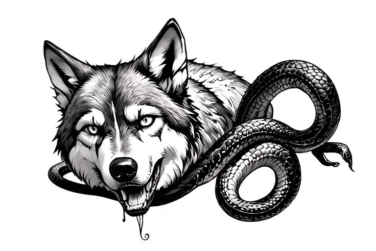 A wolf with tears in it's eyes, restrained by a venomous snake tattoo design idea