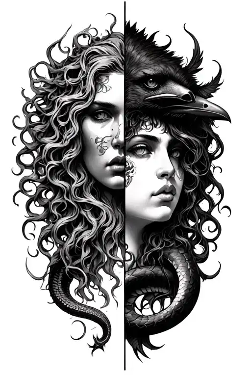 Half Medusa Half Lilith head with viper and crow tattoo design idea