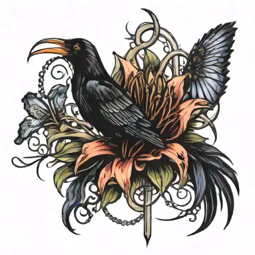 spider lily flower, behind chained up  ravens tattoo design idea