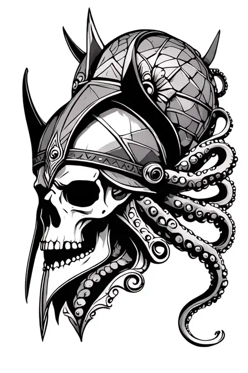 viking helmet skul and octopus tenticles tattoo design idea