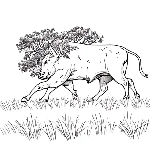 A powerful bull charging through a field of eucalyptus trees tattoo design idea