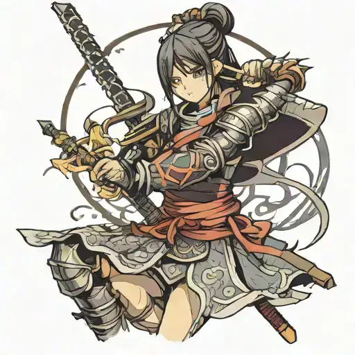 samurai girl in dark souls half body close up tattoo design idea
