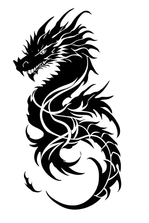 bold fierce dragon head tattoo wrapped around arm sleeve surounded by black ink tattoo design idea