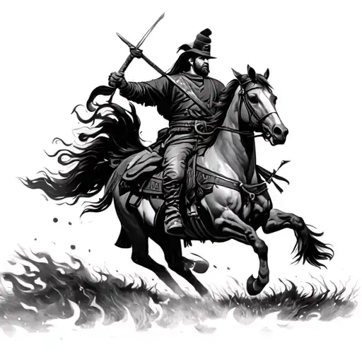 Cossack on a horse, in a battle pose, with a spear or a saber, the wind spreads his chuba. Influence - a burning steppe or Sich as a symbol tattoo design idea