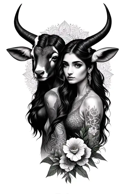 Taurus and Sagittarius woman posing together looking with flowers and mandala tattoo design idea