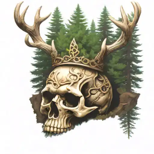  Celtic Skull Buried  with pine trees with a crown made from deer antlers tattoo design idea