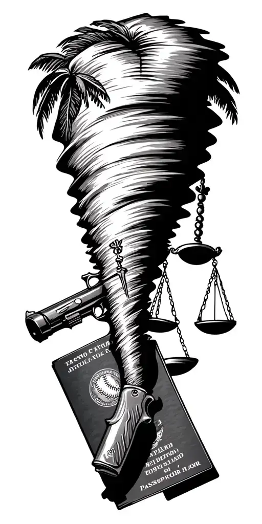 tornado sucking up scales of justice, gun, baseball bat, passport, and palm tree tattoo design idea