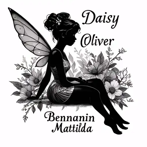 "Daisy Oliver Benjamin Matilda" tinkerbell sitting tattoo design idea