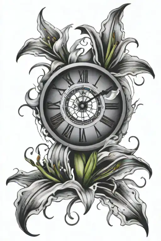 cracked clock face lily tattoo design idea