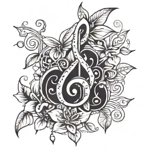 A tattoo design incorporating musical notes and symbols, with jasmine flowers and diamonds intertwined throughout tattoo design idea