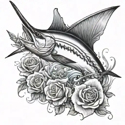 A majestic marlin leaping out of the water with a rose in its mouth tattoo design idea