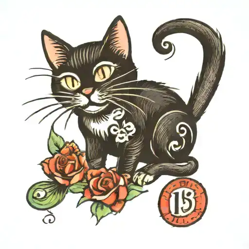 black cat on lucky 13 tattoo design idea