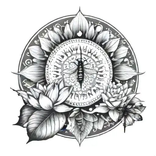 mandala, water lilies, dragonfly, moon phases tattoo design idea