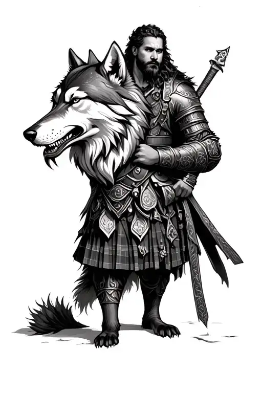 Scottish warrior holding a dead wolf head tattoo design idea