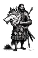 Scottish warrior holding a dead wolf head tattoo design idea